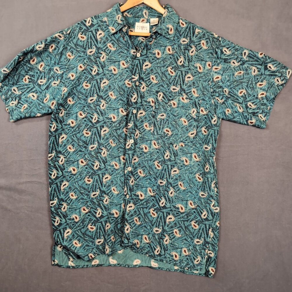 Robert Stock Men's Silk Shirt L Green Paisley Button-Down